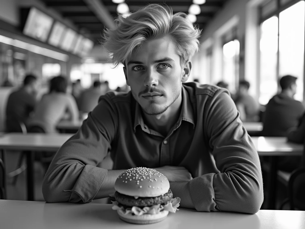 masterpiece, best quality, highres, realistic, medium shot, depth of field, a homoerotic man sitting behind a diner counter looking at viewer with cheeseburger on a plate in front of them, button up shirt, muscular, barechest, pectoral cleavage, handsome masculine face, glossy lips, thick eyebrows, aroused, (frown, angry expression:1.1), raised brows, blond hair, short hair, glowing blue eyes, blurry background, city background