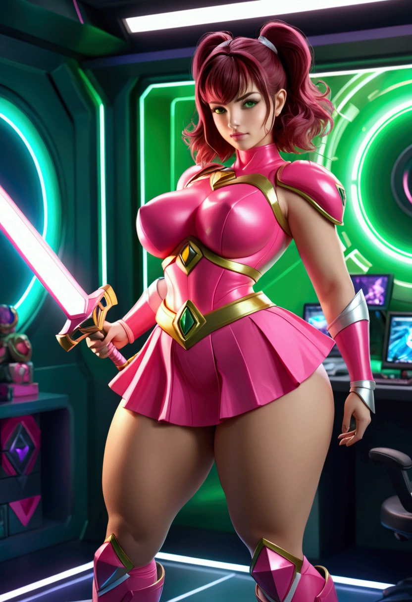 woman wearing sexy mobile legend hero armor, Pink Power Rangers theme, action pose with power sword, in a fantasy world, fantasy bokeh effect, cinematic light, realistic photography, wide angle shot, super realistic, real human, ig model, cutesexyrobutts, thick and curvy body, curvaceous body, accentuated curves with wide hips, stunning green eyes, dark red hair, cinematic lighting, rich color palette, Power Rangers command center background, advance technology surroundings, 4k, photorealistic, masterpiece, teardrop shaped small breast, pleated mini skirt, 