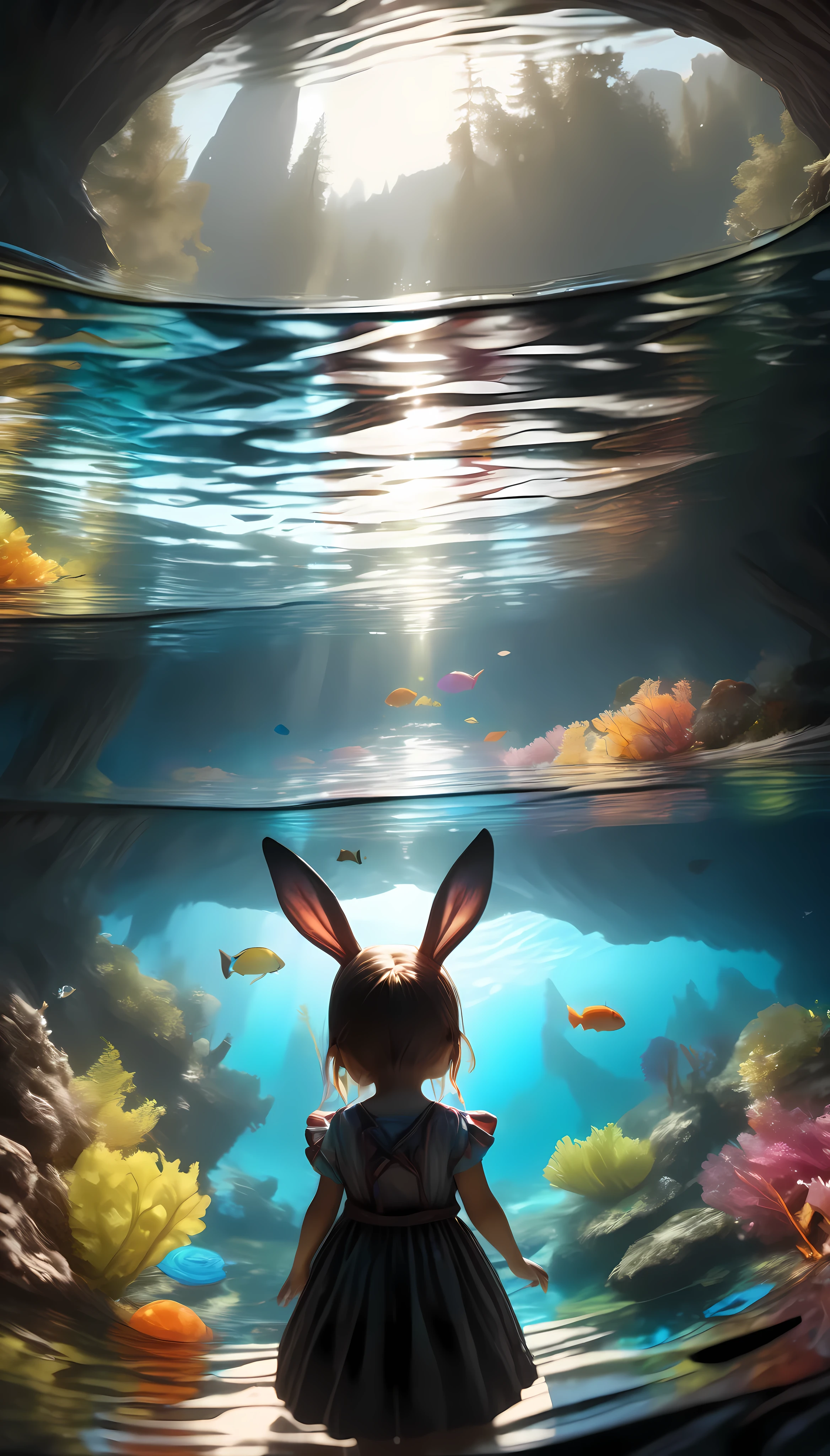  Pretty Girl with Rabbit Ears , I'm looking at the surface of a crystal clear lake ,  first-person view, My reflection on the surface of the water I've looked into ,  BREAK The Dark World Shines Underwater ,  Glittering internal luminescence colors the water ,  Maintain a high level of transparency ,  Enhances the luminescence of light in a fantastic way ,  Metamorphosis into a Dreamy World , Shaking Feelings , Bursting smile,  I'm Looking Into the Water {x} I'll show you a world you've never seen before, 