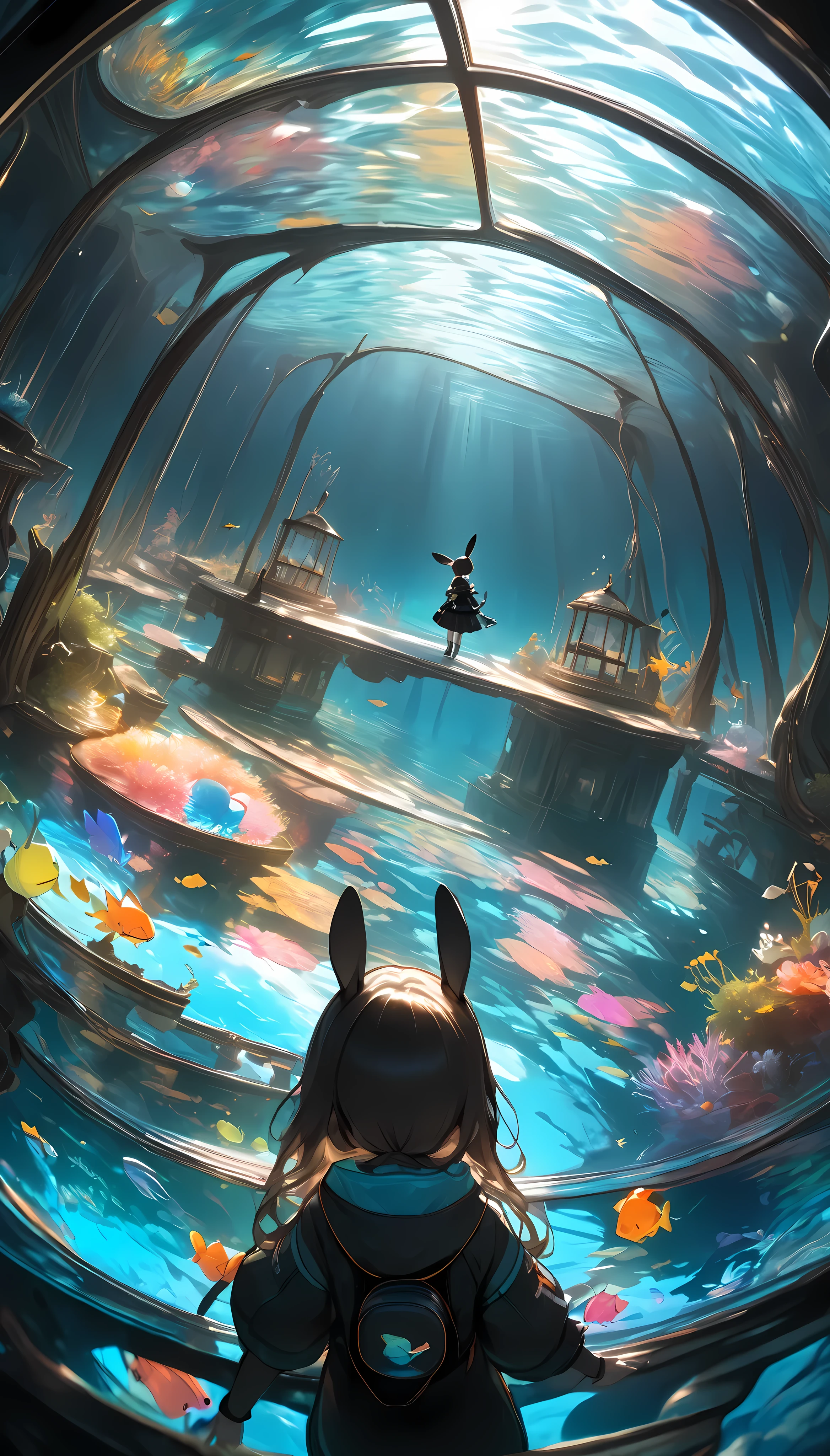 A cute girl with rabbit ears, first person perspective, high quality, looking into a clear lake surface, reflection on the water surface, BREAK a shimmering dark underwater world, the interior luminescence colors the underwater, maintain high transparency, enhance the luminous glow to be more fantastical, transform into a dreamlike world, stirring emotions, let me show you a world you've never seen before