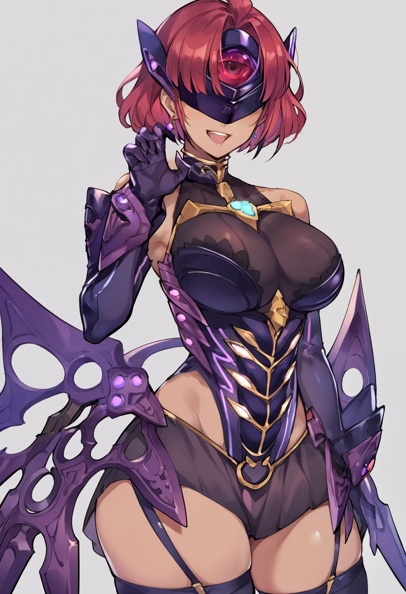 score_9, score_8_up, score_7_up, score_6_up, source_anime, 1 girl,prrnd, red hair, short hair, earrings, large breasts, large breasts, purple outfit, ((forehead protector)), purple wings,elbow gloves, forehead protector cover eyes,claw pose,looking at viewer,laugh,dark persona, flush, ((cowboy shot)),simple background