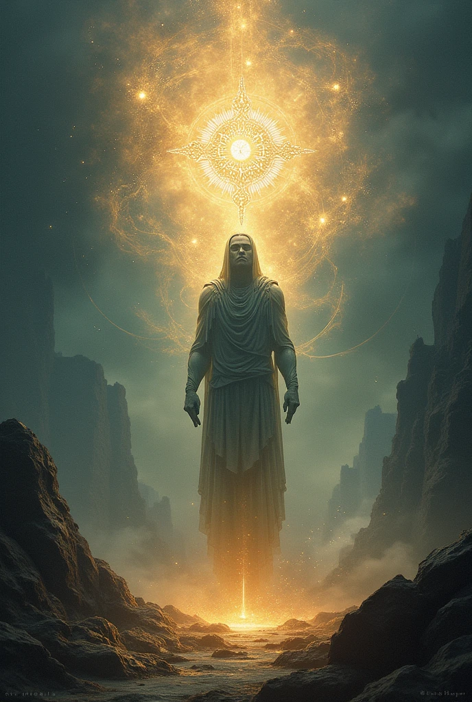 (radagon),dorado,Create a highly detailed and atmospheric digital painting of a cosmic dark entity meditating in a lotus position on the surface of a barren planet. The entity has a shadowy, featureless face and a muscular humanoid body covered in dark organic tendrils that appear to flow and twist around it.. A bright red crystal is embedded in his chest, pulsating with dark energy. Above the head of the entity, A spinning purple and black cosmic vortex with a glowing mystical orb at its center radiates power, Shedding an ethereal light. The background features a vast star-filled galaxy with purple nebulas and distant cosmic phenomena., creating a sense of infinite space and power. The lighting is dark and sinister, and the main sources of light are the glowing red crystal and the mystical orb. The overall color palette is dominated by deep purples., black and touches of red, evoking a sense of cosmic mystery and power.