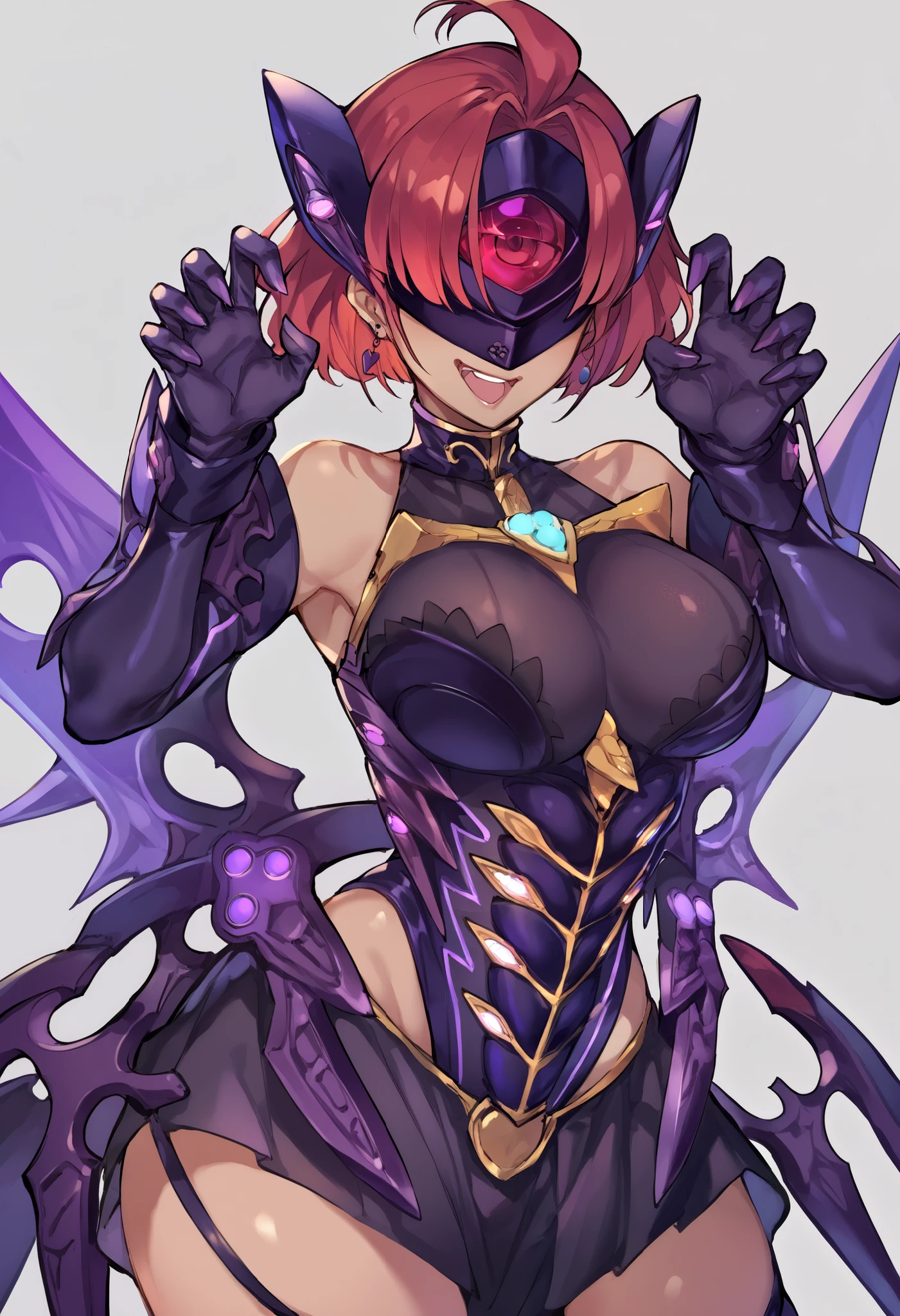 score_9, score_8_up, score_7_up, score_6_up, source_anime, 1 girl,prrnd, red hair, short hair, earrings, large breasts, large breasts, purple outfit, ((forehead protector)), purple wings,elbow gloves, forehead protector cover eyes,claw pose,looking at viewer,laugh,dark persona, flush, ((cowboy shot)),simple background