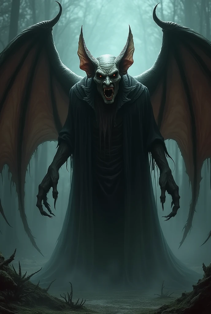 A terrifying vampire with demonic wings holding a decapitated human head in the forest wearing warrior robes on a full moon night