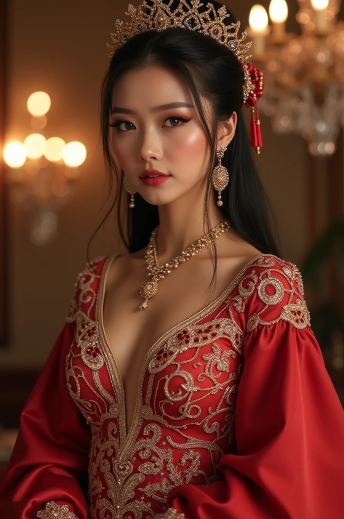 photography, woman,  portrait of woman wearing kebaya_bali in black long kebaya dress traditional, red lipstick, golden necklace, earrings, ornate, detail, flowers, blurry background, soft focus