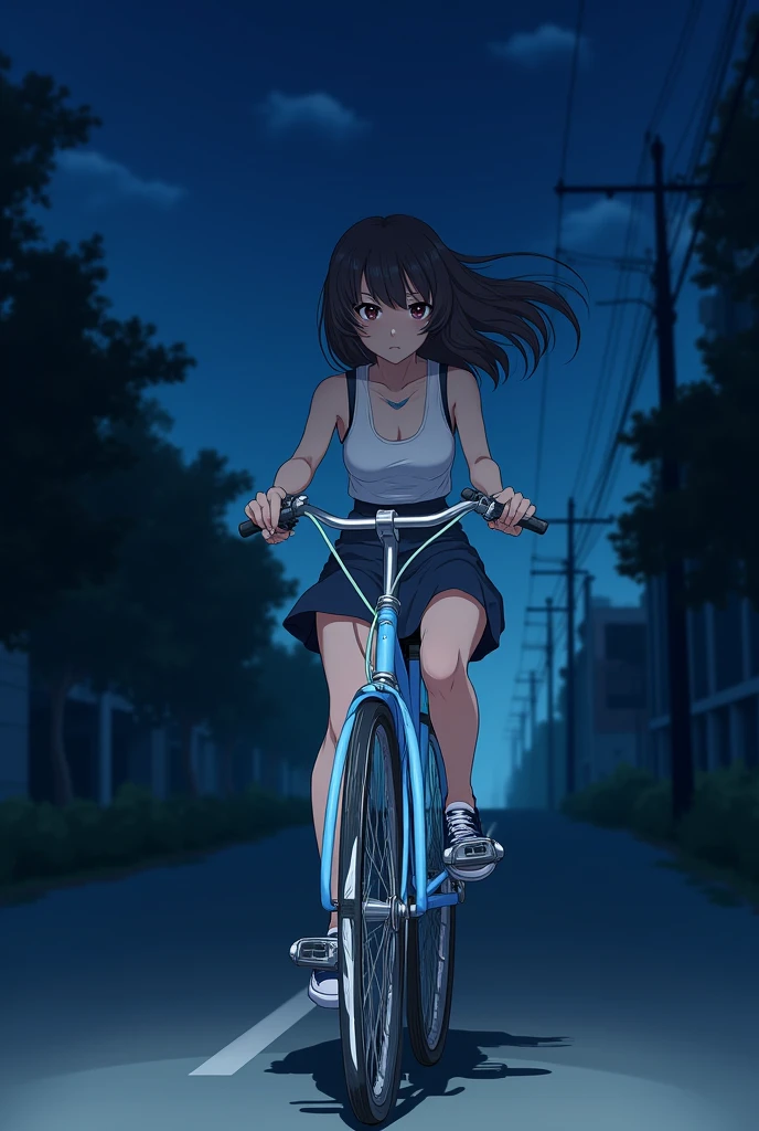 a girl rides a bicycle, Denim mini skirt, One girl, alone, underwear, Ground vehicles, panties, bicycle, teeth, white panties, blush, Recall, Tomorrow Alley,