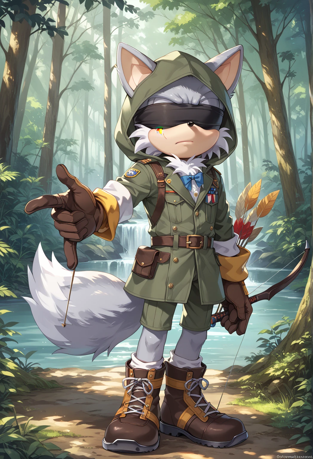 Male Wolf, ((Sonic character oc )), Male adult, ( silver fur in all body ), ( light gray inner ears ), (Alone), ( Short and messy hair ), forest, scar near the left eye that crosses the left eye diagonally, bow and quiver, con un hunter bow , Archery, wears a hood, brown gloves with cut toes and boots, yellow Eyes, Day time, ((mobian)), moebius forest, ranger clothing, (Fluffy Fur), Large Fluffy Tail, Serious poses, blindfold Over Left eye,