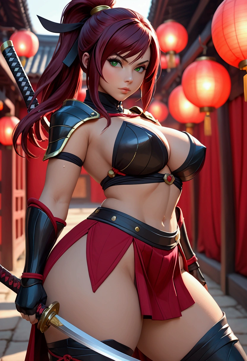 woman wearing sexy black and red mobile legend hero armor, ninja theme, action pose with fantasy katana sword, in a fantasy world, fantasy bokeh effect, cinematic light, realistic photography, wide angle shot, super realistic, real human, ig model, cutesexyrobutts, thick and curvy body, curvaceous body, accentuated curves with wide hips, stunning green eyes, dark red hair, cinematic lighting, rich color palette, fantasy ninja compound background, 4k, photorealistic, masterpiece, teardrop shaped small breast, pleated mini skirt, 