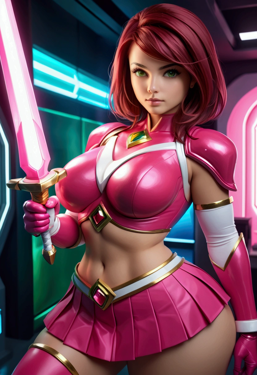 woman wearing sexy mobile legend hero armor, Pink Power Rangers theme, action pose with power sword, in a fantasy world, fantasy bokeh effect, cinematic light, realistic photography, wide angle shot, super realistic, real human, ig model, cutesexyrobutts, thick and curvy body, curvaceous body, accentuated curves with wide hips, stunning green eyes, dark red hair, cinematic lighting, rich color palette, Power Rangers command center background, advance technology surroundings, 4k, photorealistic, masterpiece, teardrop shaped small breast, pleated mini skirt, 