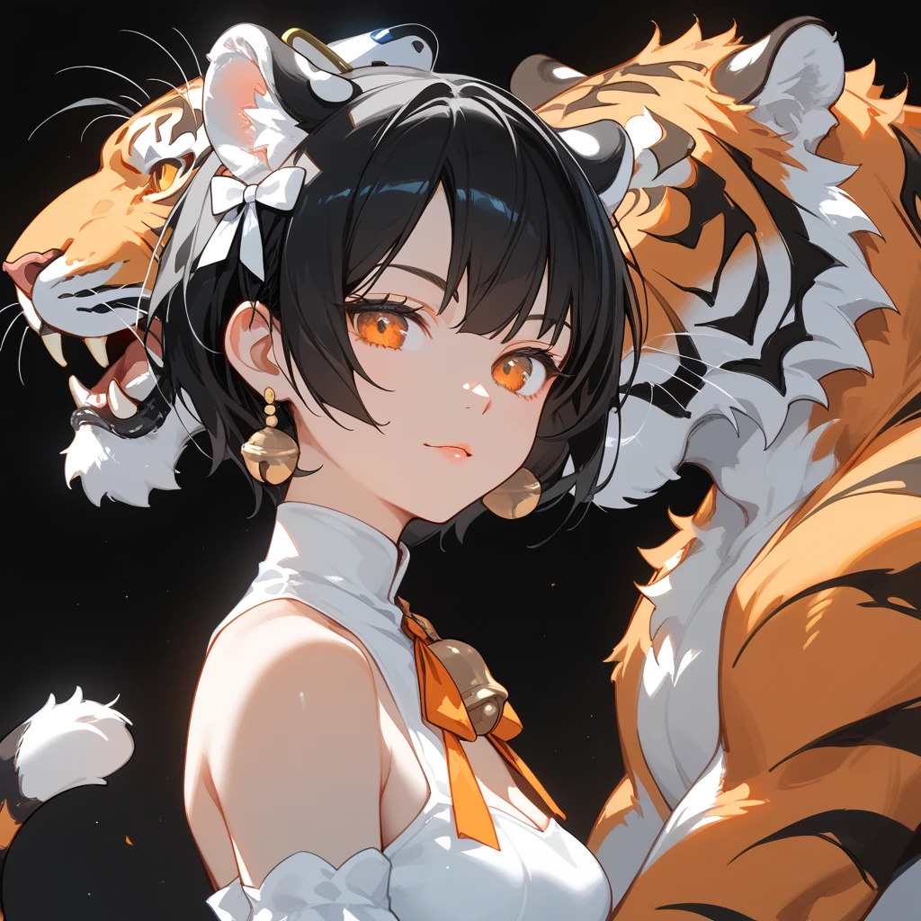 1girl,  orange eyes, tiger hairstyle, (((two color hair, white hair)), (orange hilight), (black hair), tiger ear, orange tiger tail with black lines, ((orange and black hair ribbons)), short hair, black and white dress, orange ribbons on dress, tiger dress style, neck gold bell , admirant l'horizon . Paysage dans les couleurs vertes Nature .