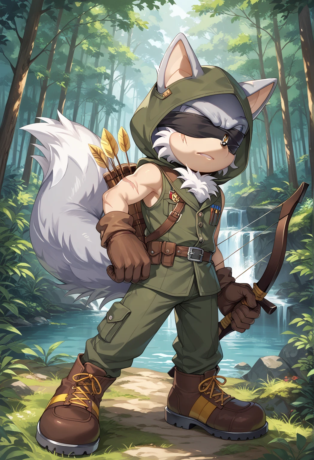 Male Wolf, ((Sonic character oc )), Male adult, ( silver fur in all body ), ( light gray inner ears ), (Alone), ( Short and messy hair ), forest, scar near the left eye that crosses the left eye diagonally, bow and quiver, con un hunter bow , Archery, wears a hood, brown gloves with cut toes and boots, yellow Eyes, Day time, ((mobian)), moebius forest, ranger clothing, (Fluffy Fur), Large Fluffy Tail, Serious poses, blindfold Over Left eye,