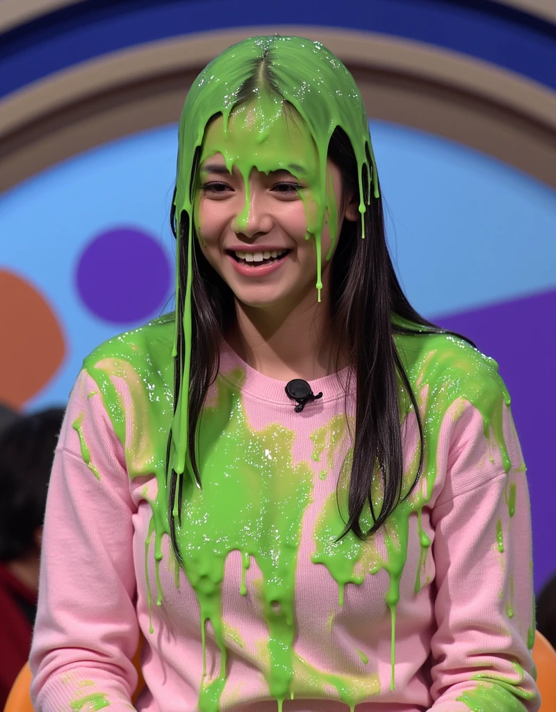 photograph of Korean girl covered in green slime. hyper-realistic style. Long fake eyelashes. Dripping green goo. 8k. Photorealistic. Glistening liquid. Green slime. Raw photo. Instagram influencer makeup. Korean Instagram influencer. Korean model. Korean girl. black eyeshadow. Black hair. Pigtails.