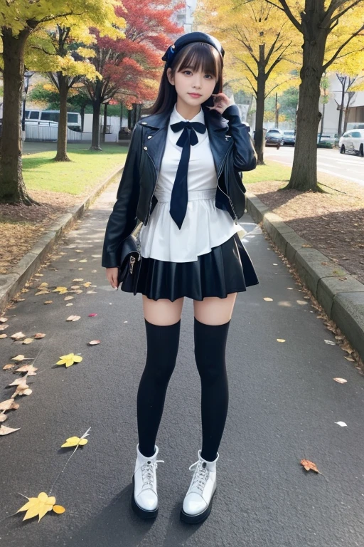 Japanese idol beautiful girl、leather fashion、 knee-high socks 、 autumn park、color々A pose