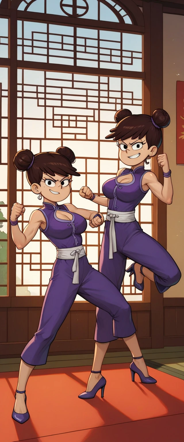 luna loud, 2girl, duo, 24yo girl, large breasts, purple cheongsam, inside of a chinese temple, looking at viewer, brunette hair, two hair buns , hands  score_9, score_8_up, score_7_up, high heels, teep fighting stance,martial arts, chest window, twins