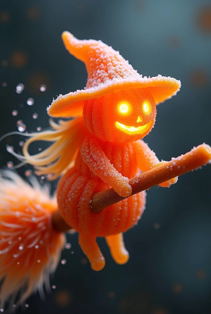  A pumpkin witch made of candy , The pumpkin witch's head shines , A pumpkin witch flying through the sky on a magic broom made of candy,Microscopic Photography ,Halloween atmosphere,Transparent texture,Clear syrup 
