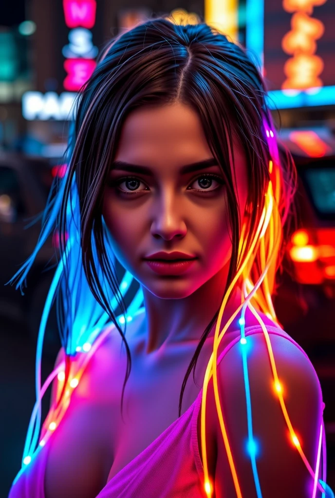 Photo of TWbabeXL01, NSFW, neon dress, naked, neon_outlines, 1 girl, (wind:1.3), long hair, A futuristic woman, her silhouette defined by vibrant neon lines, stands amidst a swirling storm. Her eyes, filled with intense emotion, gaze towards a distant horizon. The scene captures a poignant moment of farewell, framed in a cinematic style. The atmosphere is charged with the electric buzz of the future, yet tinged with the melancholy of memories fading into the past., glove <lora:TWbabeXL01:1>
