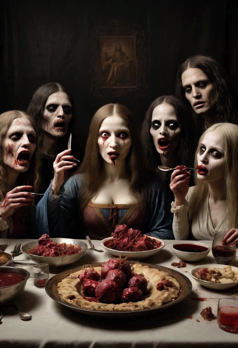 3 zombified women dressed in latex eating brains at the same table, 3 women, horror movie, ominous atmosphere, dark ambient, creepy, ultra detailed, photorealistic, masterpiece, beat quality.