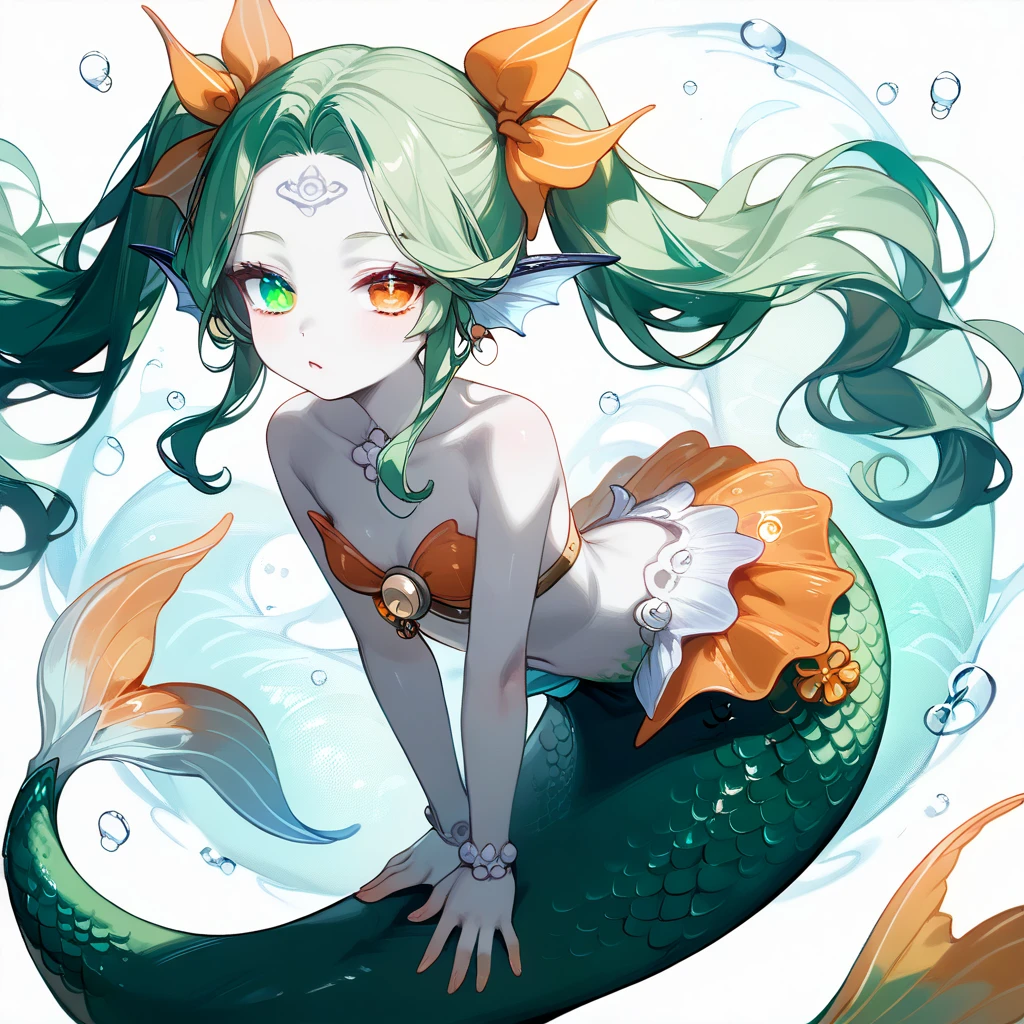 1girl, ((white skin)), open forehead, twintails, ((orange mermaid tail, mermaid girl, tail with intricate scale patterns)), ((green hair)), (((heterochromia, two-color eyes, orange eye, (white eye)))), exoskeleton, ribbons 
, admirant l'horizon . Paysage dans les couleurs vertes Nature .