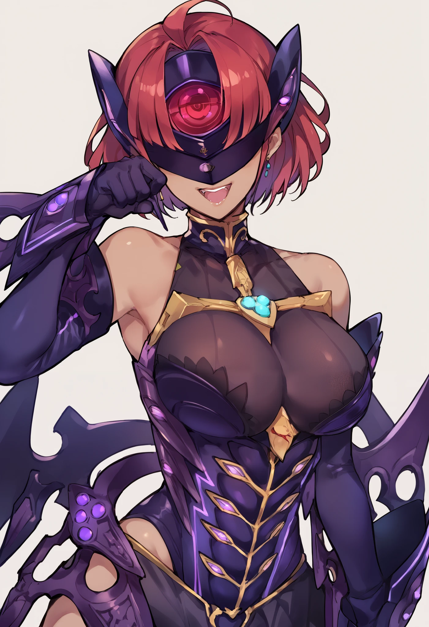 score_9, score_8_up, score_7_up, score_6_up, source_anime, 1 girl,prrnd, red hair, short hair, earrings, large breasts, large breasts, purple outfit, ((forehead protector)), purple wings,elbow gloves, forehead protector cover eyes,paw pose,looking at viewer,laugh,dark persona, flush, ((cowboy shot,front view)),simple background