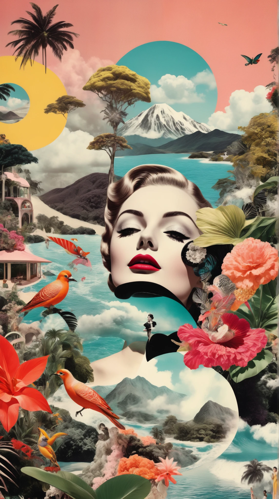 Create a high-contrast surreal collage that blends dreamy elements of paradise, incorporating vibrant colors and intricate details. Feature stunning landscapes inspired by 1950s movies, showcasing beautiful faces and captivating figures. Emphasize a sense of elegance and fantasy, evoking a breathtaking and fascinating atmosphere.