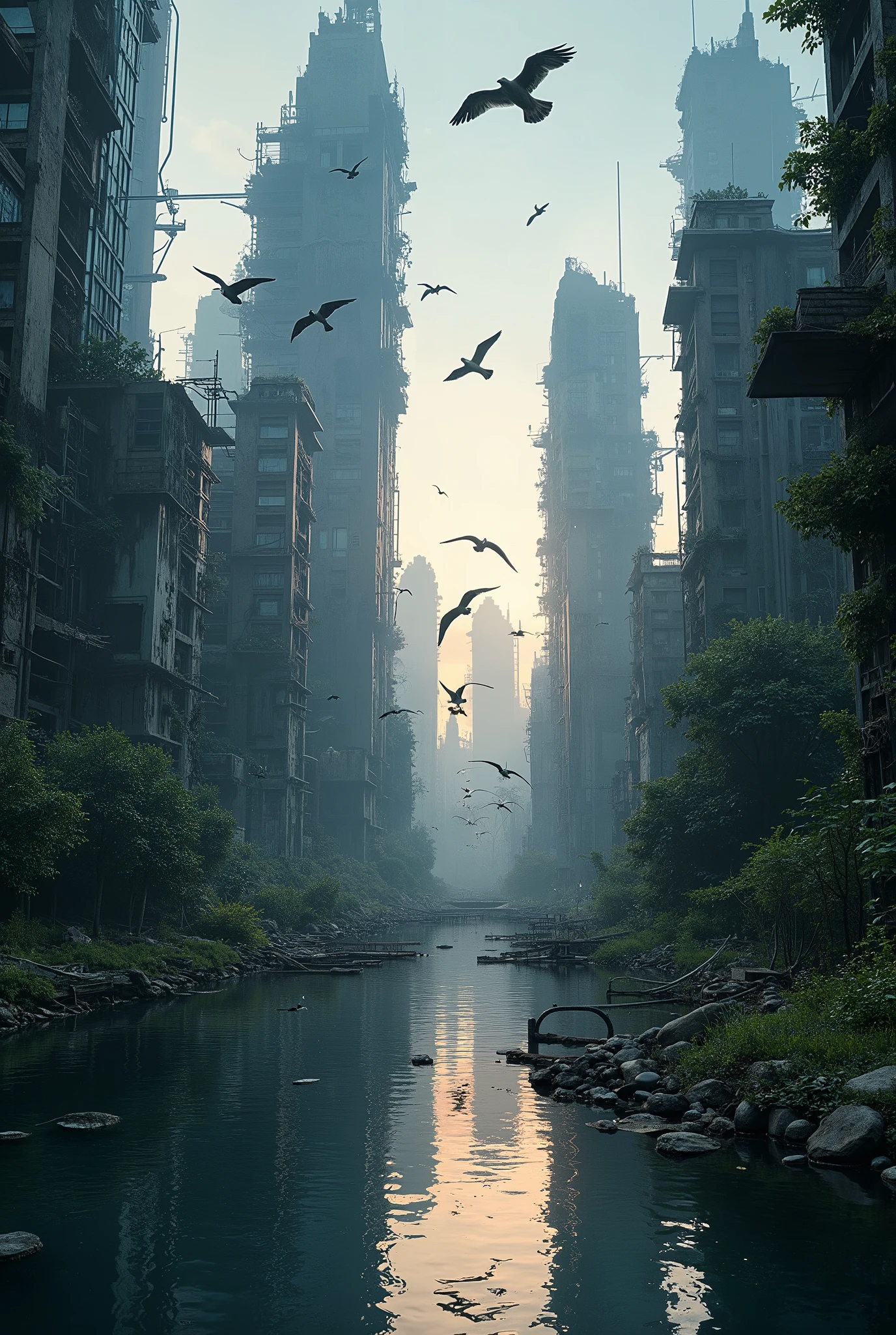  score_9,  score_8_up,  score_7_up,  score_6_up,  score_5_up,  score_4_up, sauce_Anime, evening, Ruined City, Ruined Cityに影が差す, 水面に映るRuined City, Seagulls are flying, 夏のevening, (((Cubist Futurism, hyperrealism, cinematic lighting, drop shadow, UHD, masterpiece, super detail, high details, best quality,  highres icon, 16k)))