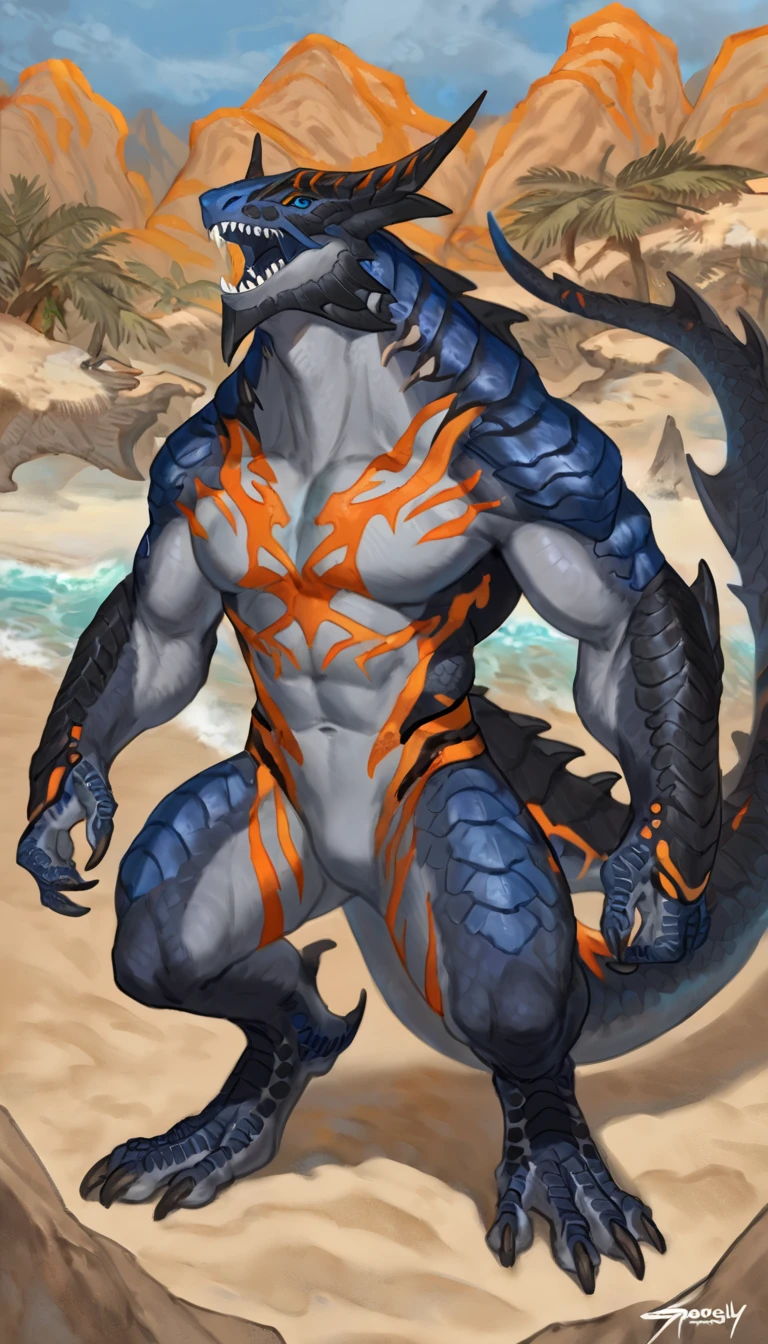 Highest quality, Highest quality, High quality illustrations, masterpiece, Ultra-high resolution, Detailed Background, Beach, Absurd, Perfect Anatomy, performance, Good lighting, Shadows in the movies(kemono, Furry Personifi猫ion), Lizardman, Long dragon tail, Rubber spats, Rubber Swimsuit, bikini, null bulge, Dynamic Angle