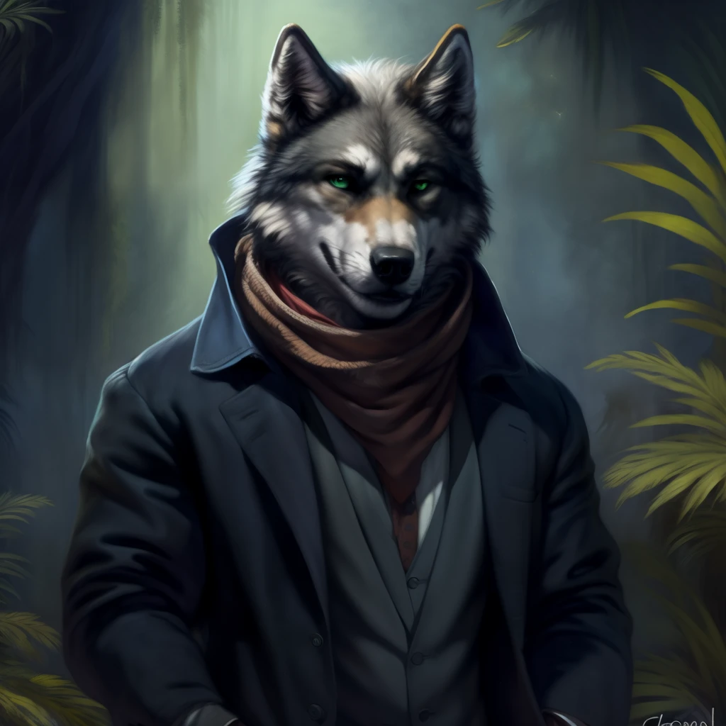 (by oouna, by honovy, by personalami, by clockhands) male, wolf, solo, wearing suit, green eyes, wolf mccloud, wearing jacket, pants, scarf, fancy, black shirt, night, jungle,