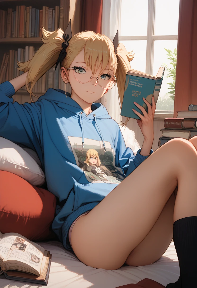 (masterpiece) (ultra_detailed) (best quality) shinomiya kikoru, 1girl, slim, fit, anime look, anime style, wearing hoodie, on bed, reading book, in a room, with bookselfs, wearing round glasses, poke 