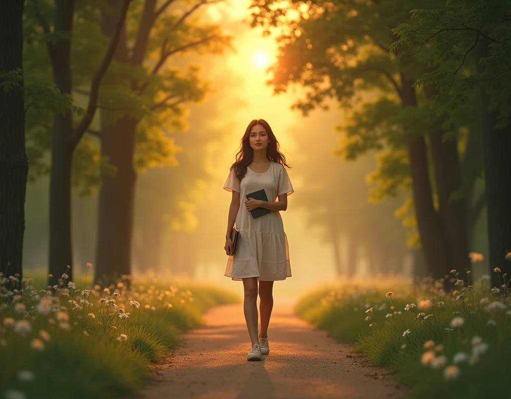 Black-haired girl in a white long dress with a book in her hand who stands in front of a mighty oak tree