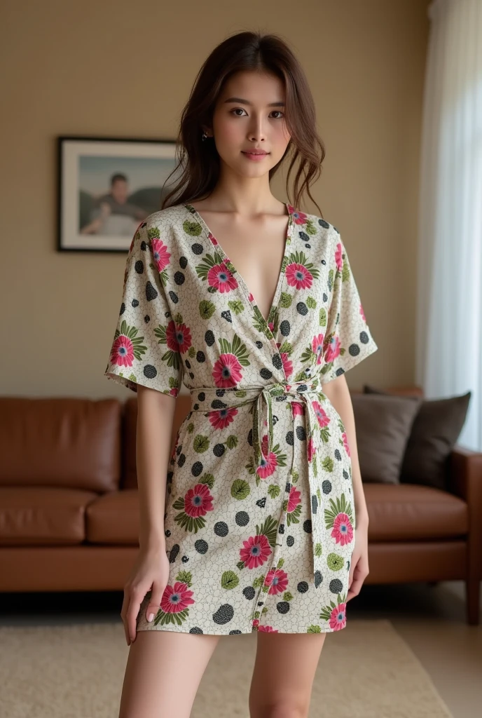 a young woman stands against a living room. She is dressed in a oversize mini dress adorned with a pattern of owls pink flowers and black circles. Her hair is pulled back in a ponytail adding a touch of movement to her face. The woman's dress is adorned in a batic patern. She stands tall, d4st3r