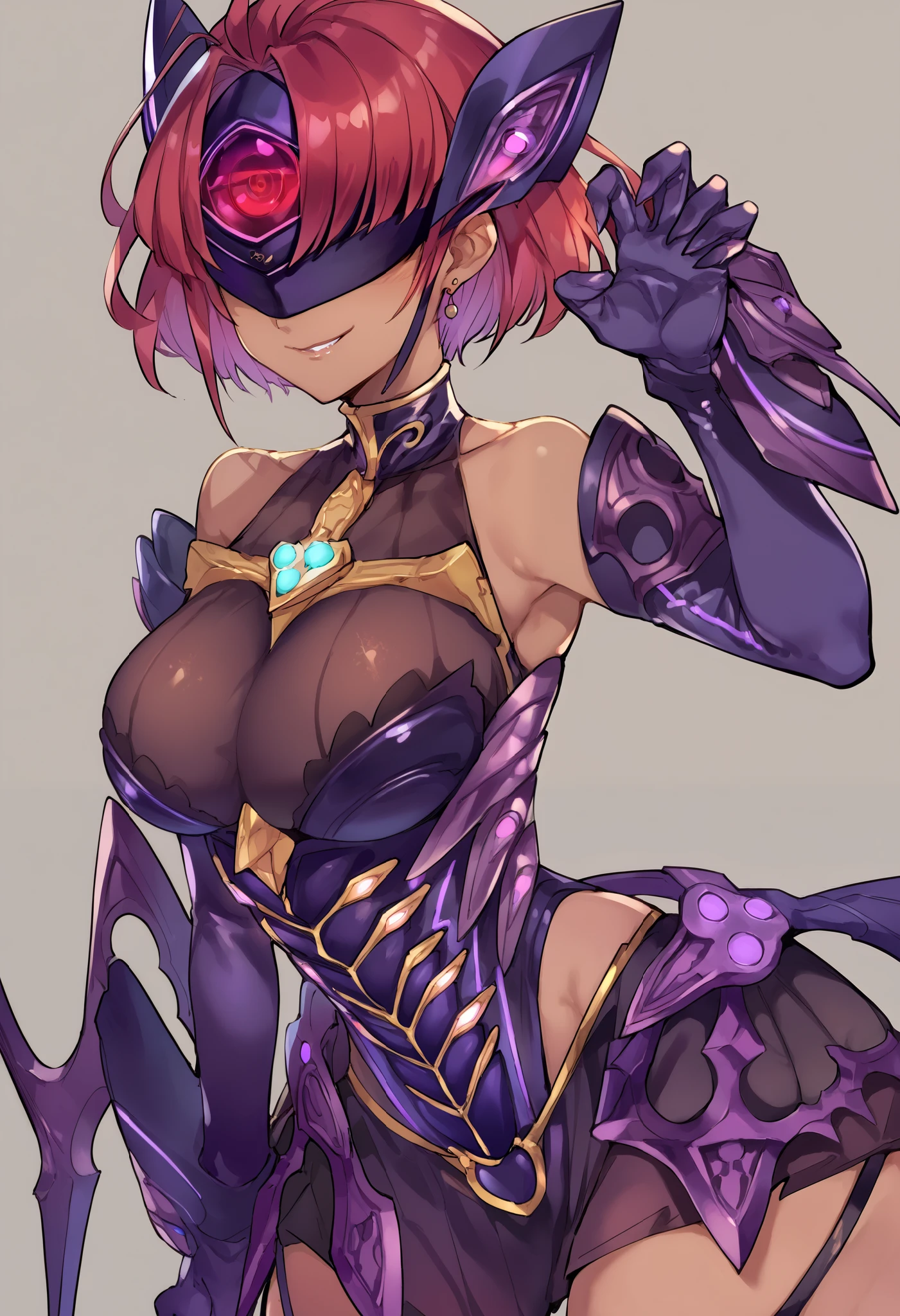 score_9, score_8_up, score_7_up, score_6_up, source_anime, 1 girl,prrnd, red hair, short hair, earrings, large breasts, large breasts, purple outfit, ((forehead protector)), purple wings,elbow gloves, forehead protector cover eyes,claw pose,looking at viewer,smirk,dark persona, flush, ((cowboy shot)),simple background