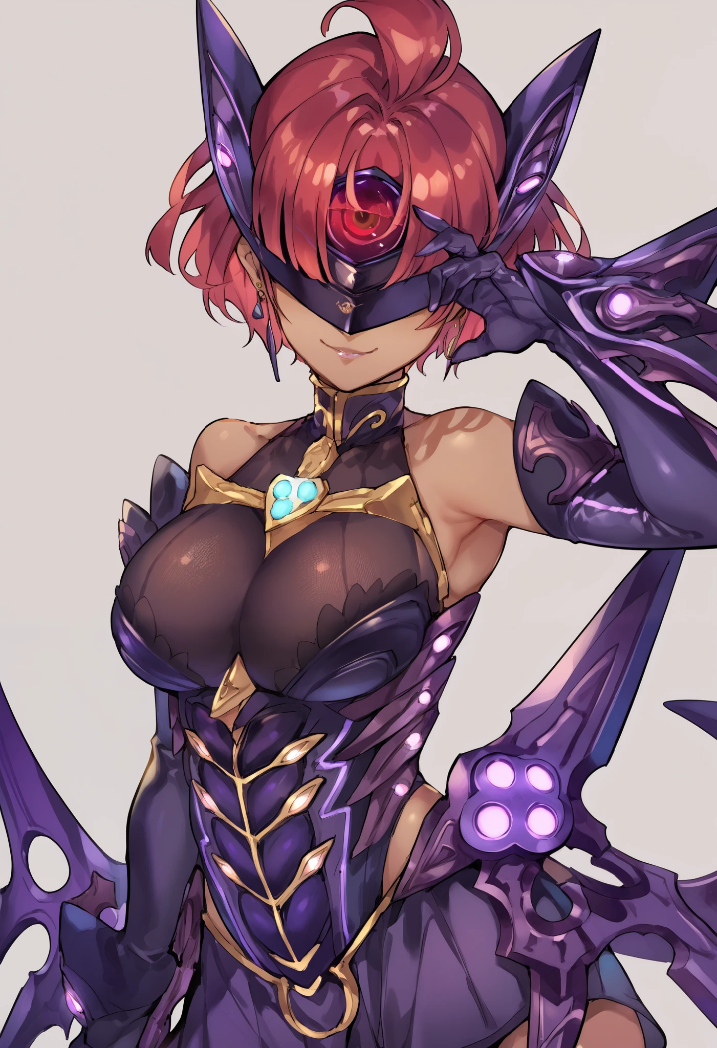 score_9, score_8_up, score_7_up, score_6_up, source_anime, 1 girl,prrnd, red hair, short hair, earrings, large breasts, large breasts, purple outfit, ((forehead protector)), purple wings,elbow gloves, forehead protector cover eyes,claw pose,looking at viewer,smirk,dark persona, flush, ((cowboy shot)),simple background