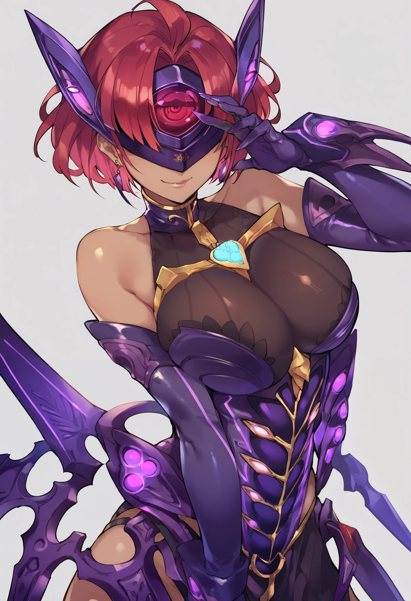 score_9, score_8_up, score_7_up, score_6_up, source_anime, 1 girl,prrnd, red hair, short hair, earrings, large breasts, large breasts, purple outfit, ((forehead protector)), purple wings,elbow gloves, forehead protector cover eyes,claw pose,looking at viewer,smirk,dark persona, flush, ((cowboy shot)),simple background