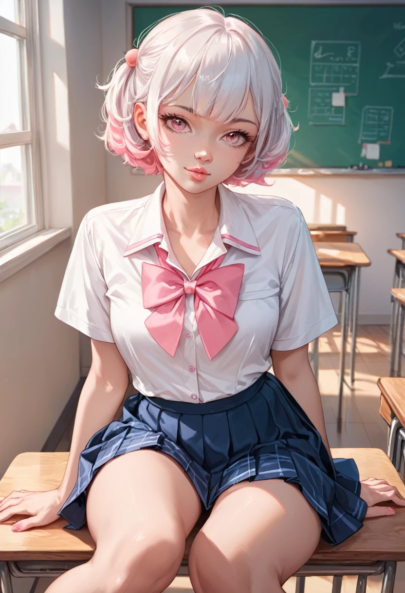 (master part: 1.3), (maximum resolution: 1.2), (Ultra HdTV: 1.2), cinema light, Ultra HdTV, (fine eyes and skin), (detailed facial features), HdR, 8K resolution, sharp focus: 1.2, perfect style, beautiful face, correct, anatomically correct, Highly detailed texture of face and skin, Big eyes, birch colored eyes, round face, double eyelid, thin eyebrows, natural cheeks, glowing skin, first person perspective, ((high school uniform)), (embarrassing:1.2), (blush:1.2), innocent and cute girl, (light pink hair), ((very short hair:1.5)), (In the classroom: 1.2), (d〜E cup breasts, Big peach ass)