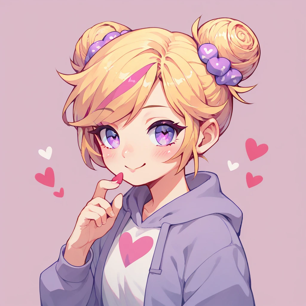 ((Highest Quality))), (Simple background), Solo, 1girl, Purple Eyes, Blonde Hair, Heart Hair Bun, Hair Strand, 