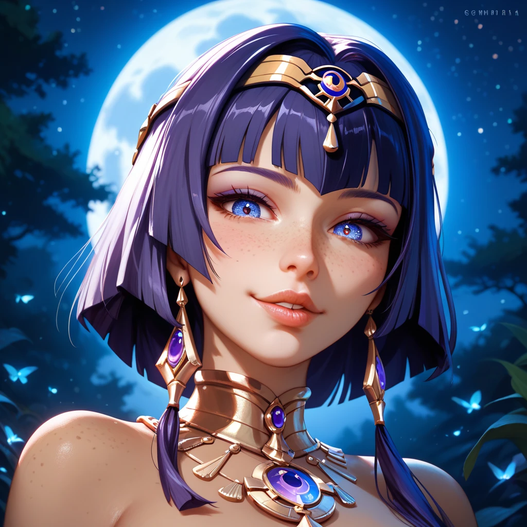 masterpiece, best quality, <lora:tialuna-nvwls-v1-000010:0.9> tialuna, blue hair, facial mark, tattoo, hair ornaments, scarf, revealing clothes, navel, detached sleeves, looking at viewer, from side, portrait, upper body, furrowed brow, serious, night sky