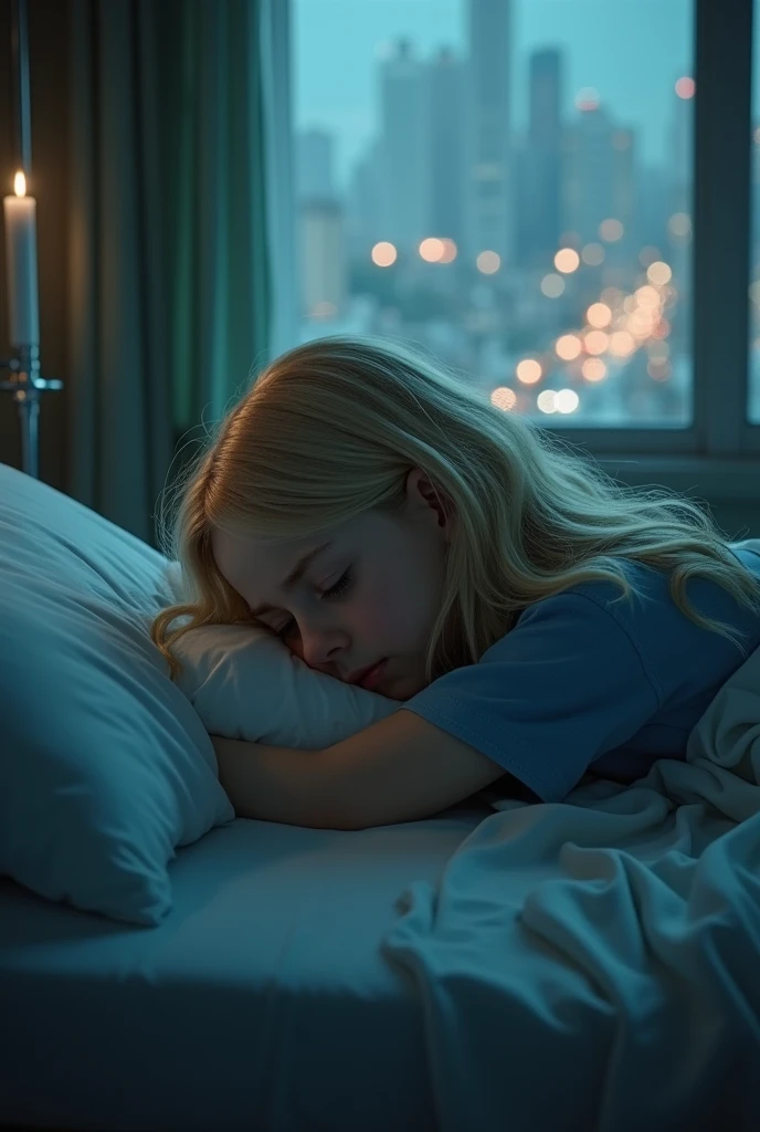 Make a blonde age girl from afar laying in bed, staring at the roof with tears in her face and touching her hair, full body realistic picture
