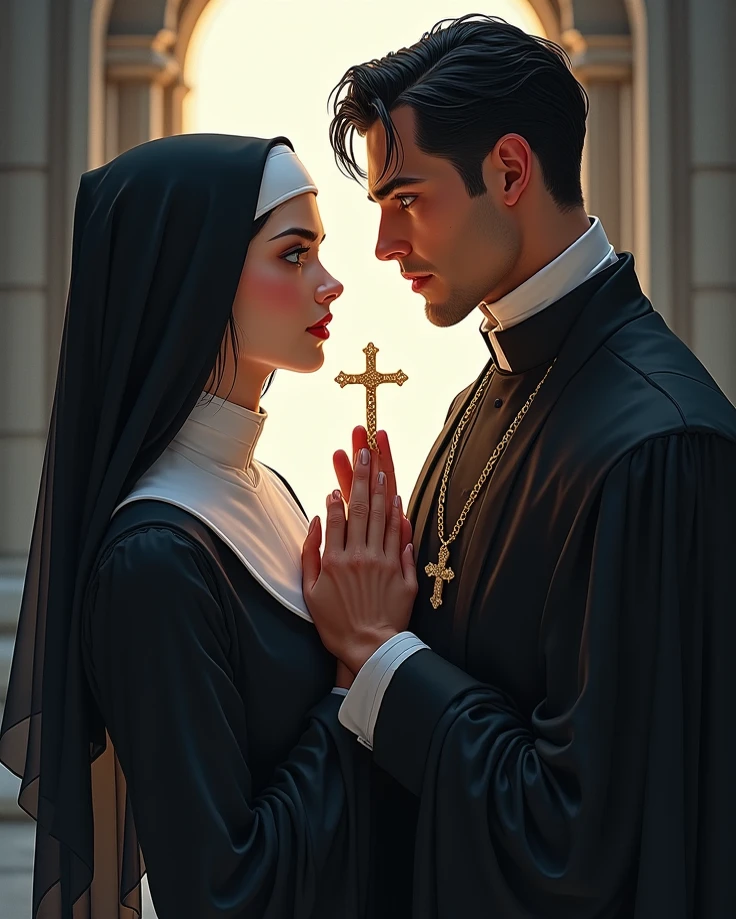 A nun and a priest performing an exorcism in a dimly lit church with vivid stained glass windows, portraying intense emotions and tension. The nun is holding a crucifix and has beautiful detailed eyes, while the priest has a determined expression on his face. The atmosphere is filled with the scent of burning incense, enhancing the supernatural ambiance. The walls are adorned with religious paintings that depict angels and demons engaged in a fierce battle. The nun is dressed in a flowing white habit, and the priest wears traditional clerical garments. The lighting casts dramatic shadows, emphasizing the haunting aura of the scene. The colors are deep and rich, with a contrast between warm tones and cool shades. The artwork is created using a realistic oil painting technique, capturing every detail with precision. The image should have the best quality, with ultra-detailed features, and a photorealistic effect to bring the scene to life. The prompt should not exceed 40 tags or 60 words.
Note: Remember to follow the prompt format requirements and organize the tags accordingly. Feel free to enhance or modify the prompt as necessary to ensure a coherent and visually appealing image.
