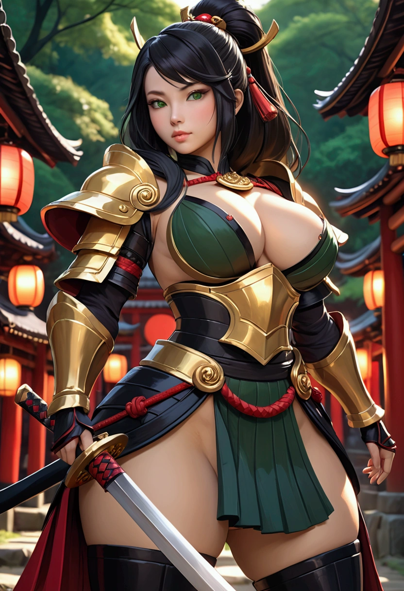 woman wearing sexy black and gold mobile legend hero armor, samurai theme, action pose with fantasy samurai sword, in a fantasy world, fantasy bokeh effect, cinematic light, realistic photography, wide angle shot, super realistic, real human, ig model, cutesexyrobutts, thick and curvy body, curvaceous body, accentuated curves with wide hips, stunning green eyes, long black hair, cinematic lighting, rich color palette, fantasy Japanese background, 4k, photorealistic, masterpiece, teardrop shaped small breast, red pleated mini skirt, 