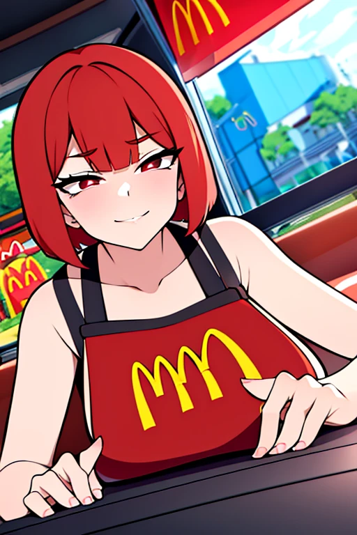 (short red hair) ( hottie), (ahegao), McDonald's attendant girl looking directly at us with a longing face as we hold a wad of money close to her face.