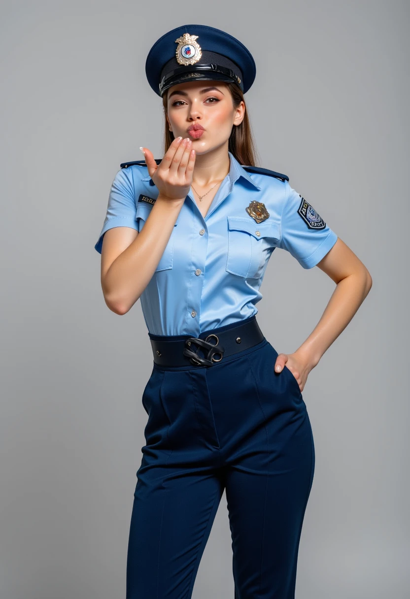 Woman, police uniform, pout, pouting expression, flying kiss