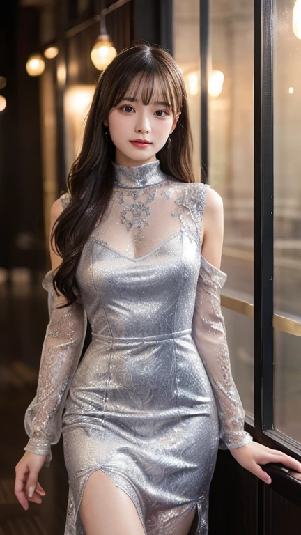  cabaret club、masterpiece、 best quality、 super detailed、 high definition 、8k wallpaper、Pesanto dress、silvery lace dress、( long dress :1.1)、 gorgeous costume、-yeld gi turtleneck