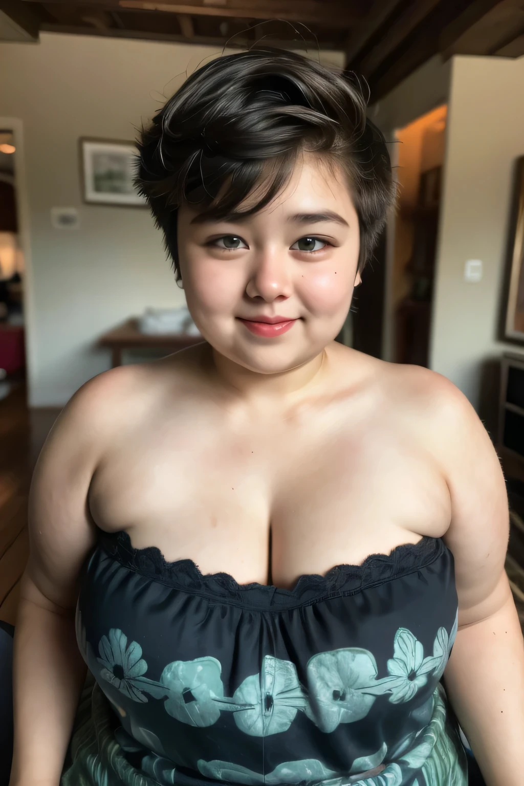 kecil Femboy berambut very  Shorthaircut bogel, half body portrait. Highly detailed quality, naked flat breasts. thick (nipples thick:0.050), kain batik sarong & strapless bra, (Chubby:1.5)  (red lipstick 💄)