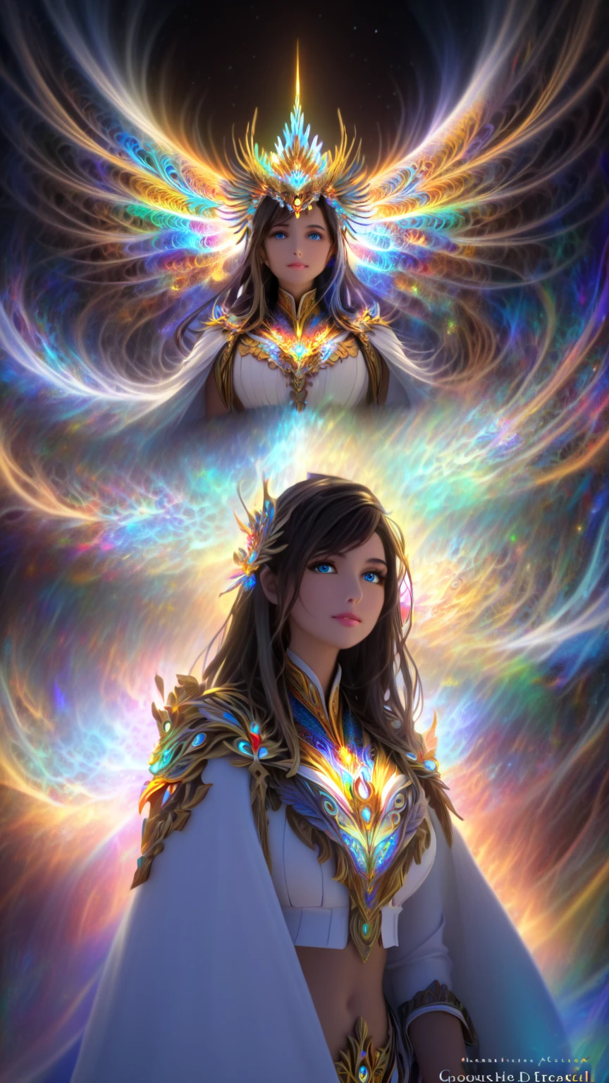 (masterpiece, high quality,  is of the best quality,  official art ,  beautiful and beautiful :1.2), (1 Girl),  Extremely Detailed Eyes , (Fractal Art:1.3),  colorful , Highest detail, ( perfect face),  with shiny skin, HDR, ( white cape gold lines :1.2), galaxy, (Light streaks), Eye-catching visuals, (Dynamic Stripes, Glowing traces:1.2),  bright colors , (Phoenix), (dragon)