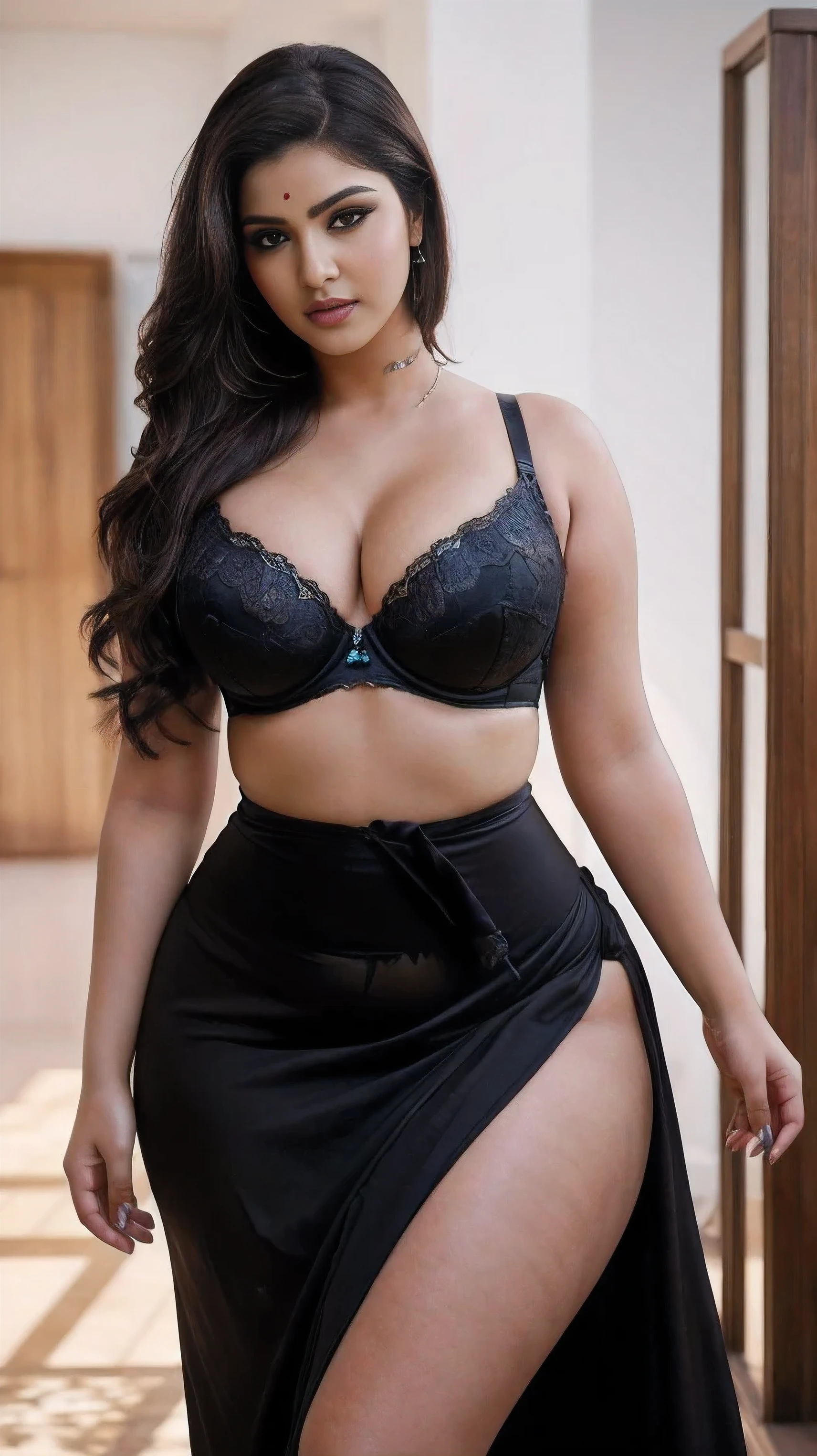  a woman padded different bra and shorts saree,big cheeks, curvy, hourglass figure, swooping breasts, deep cleavage, open arms, sexy armpits,big penis, nipples, ass, necklace, (cinematic:1.3), intricate details, (ArtStation:1.2),a close up of a room with a brick wall and a wooden floor, matte background. unreal engine, darkslategray wall, dark room wall, detailed textures and lighting, stone and wood, wall darkness, background image, wall ], wall wood fortress, black floor, detailed lighting and textures, studio background, dark stone walls and pillars, personal room background,