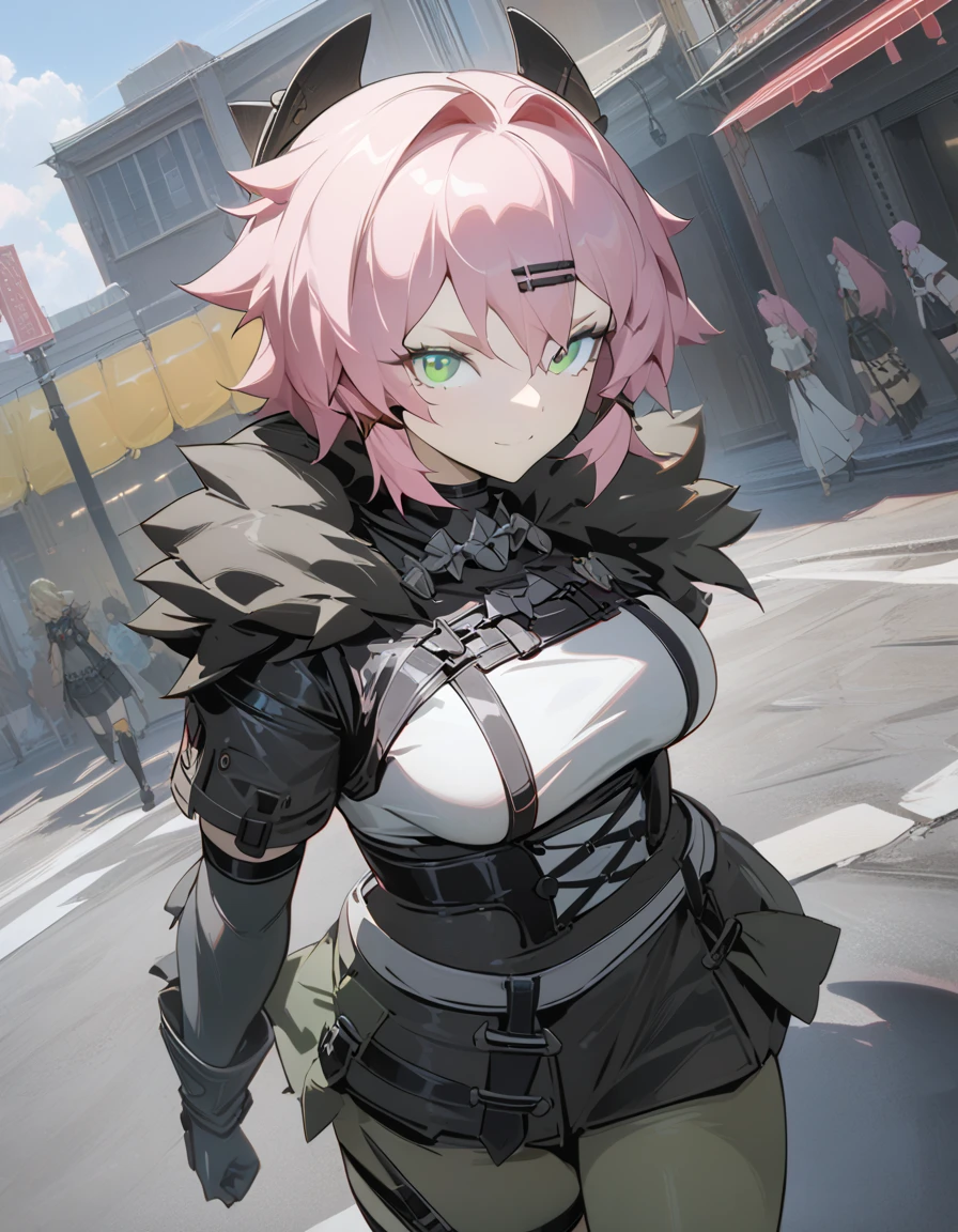 anime girl with pink hair and green eyes walking down a street, best anime 4k konachan wallpaper, seductive anime girl, guweiz, badass anime 8 k, top rated on pixiv, anime style 4 k, guweiz on artstation pixiv, from girls frontline, artwork in the style of guweiz, trending on artstation pixiv
