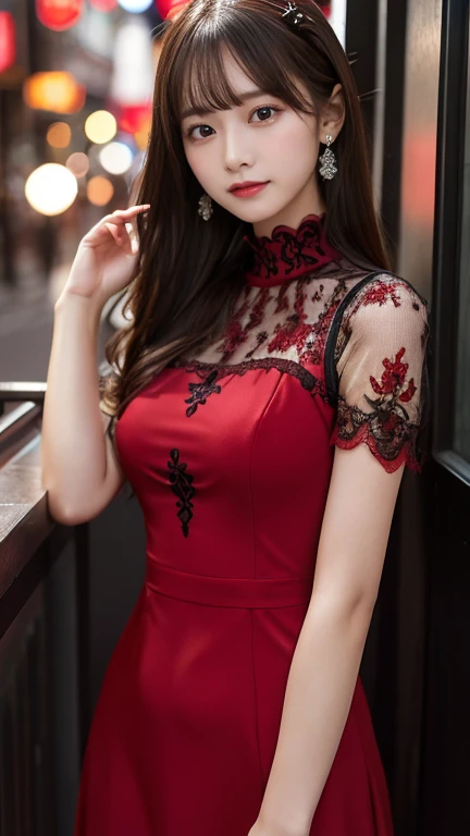 1girl,baiyi,large breasts,red lips,smile,ponytail,realistic, 1 girl, indonesian girl, 23 years old, (black hair super-long 1 meters), (very beautiful face, very sweet, sharp eyes like an angel from heaven ), (beautiful hair), actress, smile, shiny skin, best quality, masterpiece, (photorealistic:1.4), terrace seating, asian, indonesian, jakarta, denim long skirt (realistic fabric), white short sleeves (cotton fabric), (no logo), thin fingers, a woman in a red dress posing for a picture in a courtyard, a picture by Emma Andijewska, tumblr, tachisme, sexy gown, opened dress, wearing an elegant dress, fantasy long intricate gown, sexy dress, dressed beautiful gown, red gown, wearing a magnificent dress, dressed in red lace, translucent dress, extravagant dress, see through dress