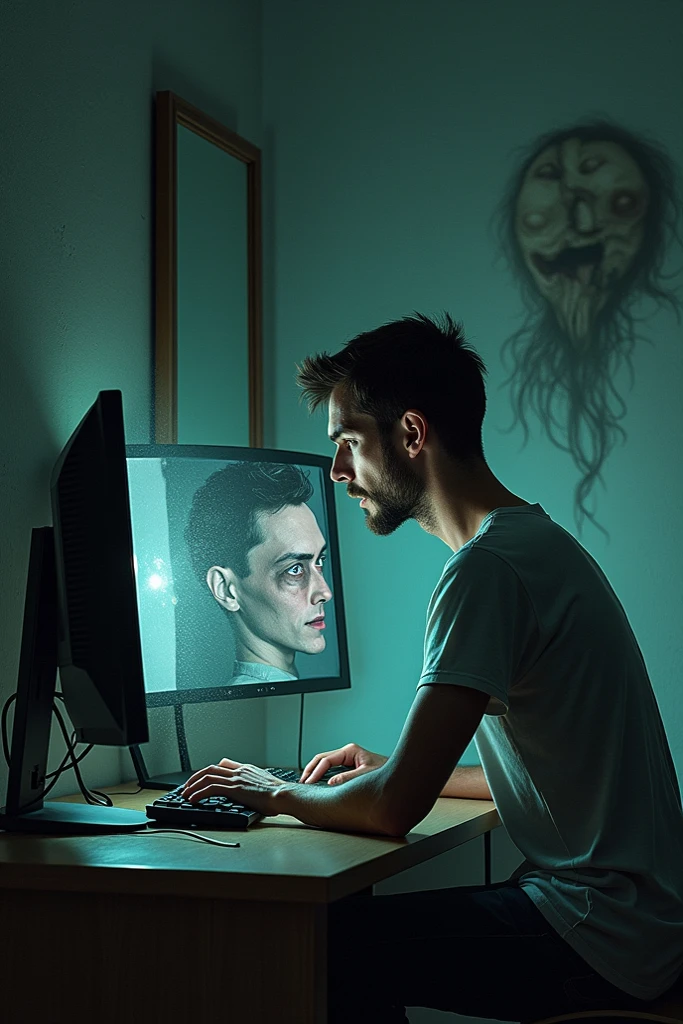 Teenager man with evil face cyberbullying through computer