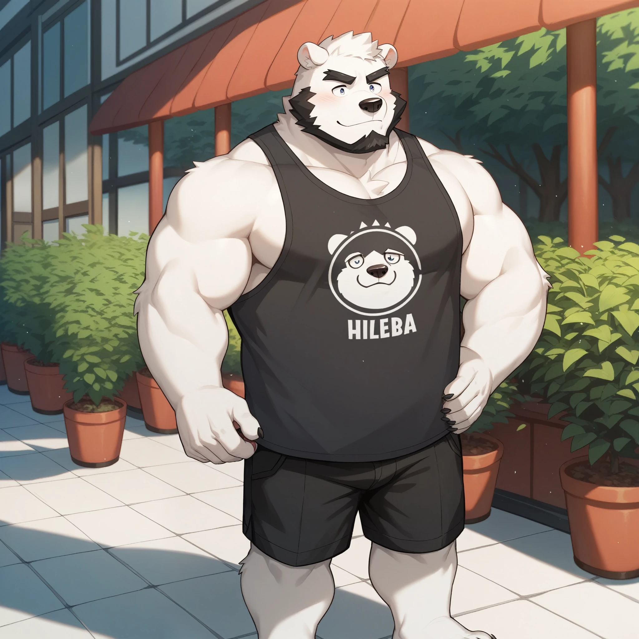 Slight chubby, furry,male , anthro polar bear, plump, adult , mouth covered mustache,Thick beard, seductive  , detailed , full body , tight teal tank top, glasses, black cap, extremely hot and ????, eye closed, by hyaku ,by darkgem, by glitter trap boy