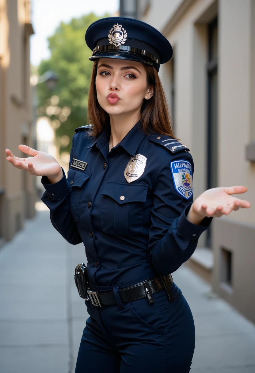 Woman, police uniform, pout, pouting expression, flying kiss, blowing her palm